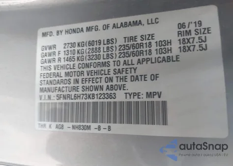 2019 Honda Odyssey Ex-L from USA, damaged, VIN 5FNRL6H73KB123363